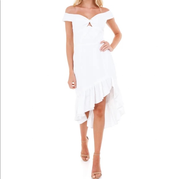 WAYF Genoa off the shoulder white linen ruffle high low hem asymmetrical dress - Picture 2 of 13